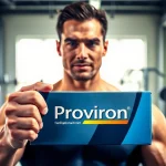 Proviron kaufen: Muscular individual confidently presenting Proviron packaging in a vibrant gym setting.