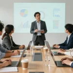 Micromanagement-Chef in einem modernen Büro, Teamarbeit und Präsentation von Datenanalysen.