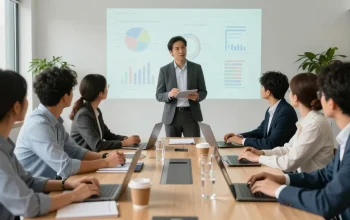 Micromanagement-Chef in einem modernen Büro, Teamarbeit und Präsentation von Datenanalysen.