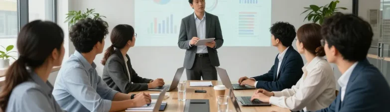 Micromanagement-Chef in einem modernen Büro, Teamarbeit und Präsentation von Datenanalysen.