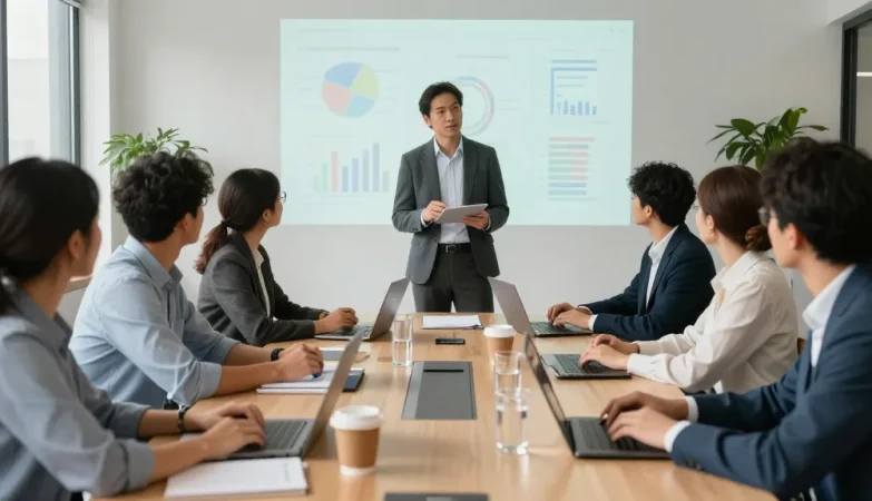 Micromanagement-Chef in einem modernen Büro, Teamarbeit und Präsentation von Datenanalysen.